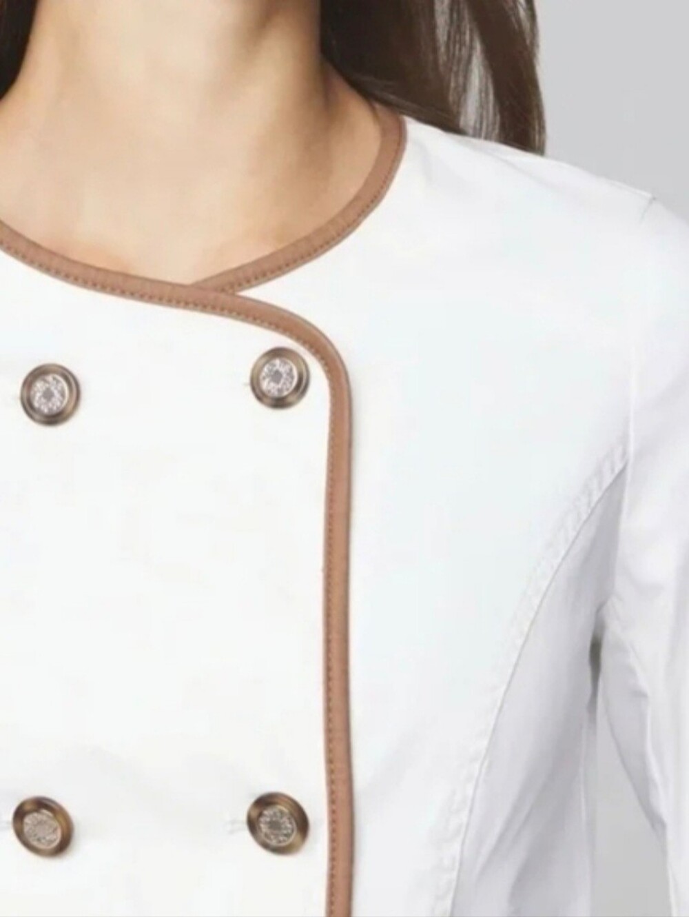 WHBM White and Brown Camel Trim Women's Double Breasted Coat Jacket - Picture 4 of 7